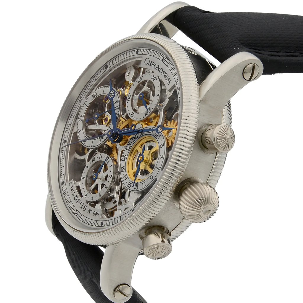 View Of Crown Facing Side Of Chronoswiss CH 7520 S Platinum Watch Pre Owned Condition