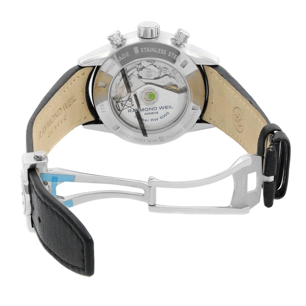 Back View Of Exhibition Back Case And Open Leather Band Of RAYMOND WEIL 7731-STC-20021 Watch Display Model Condition