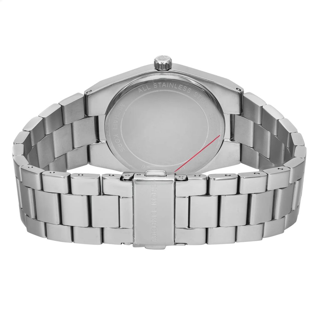 Back View Of Solid Back Case And Closed Stainless Steel Band Of Michael Kors MK6626 Watch Display Model Condition