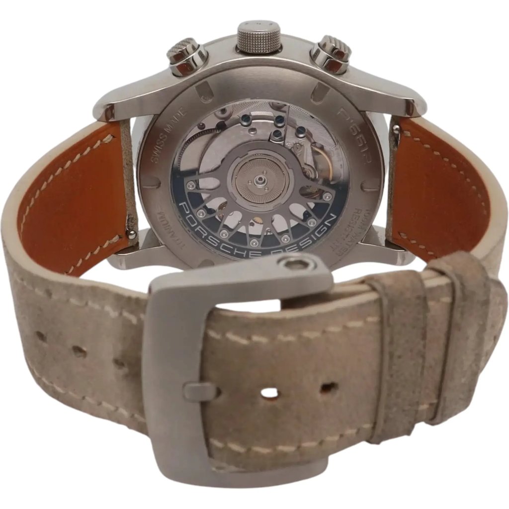 Back View Of {Caseback} Back Case And Closed Leather Band Of Porsche Design 6612.11/3 Watch Pre Owned Condition