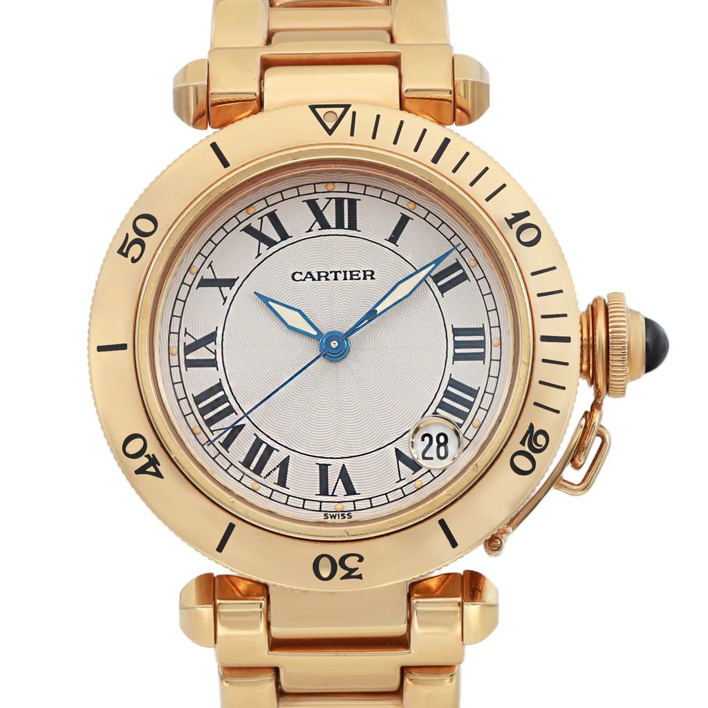 Up Close Front Facing Picture Of Cartier Ref.1035.1 Yellow Gold Watch Pre Owned Condition