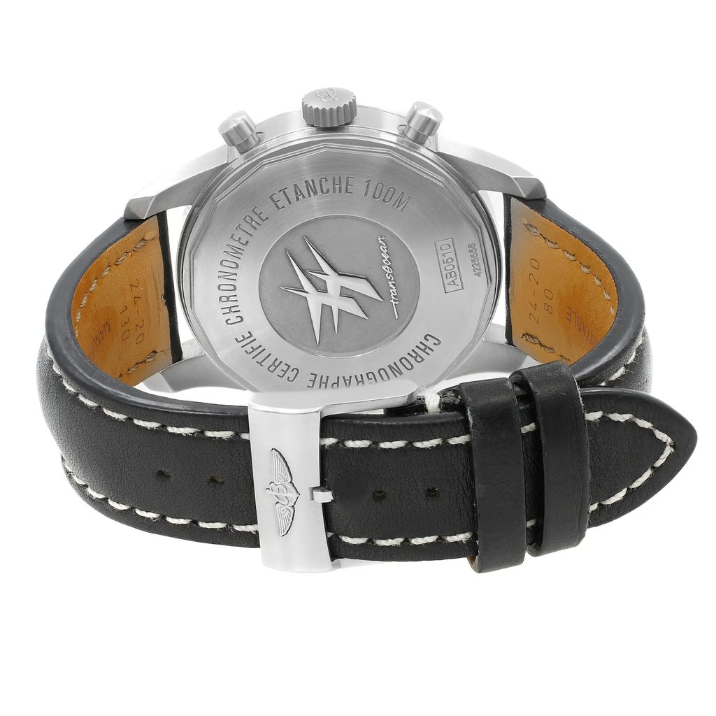 Back View Of {Caseback} Back Case And Closed Leather Band Of Breitling AB0510U6/BC26-441X Watch Pre Owned Condition