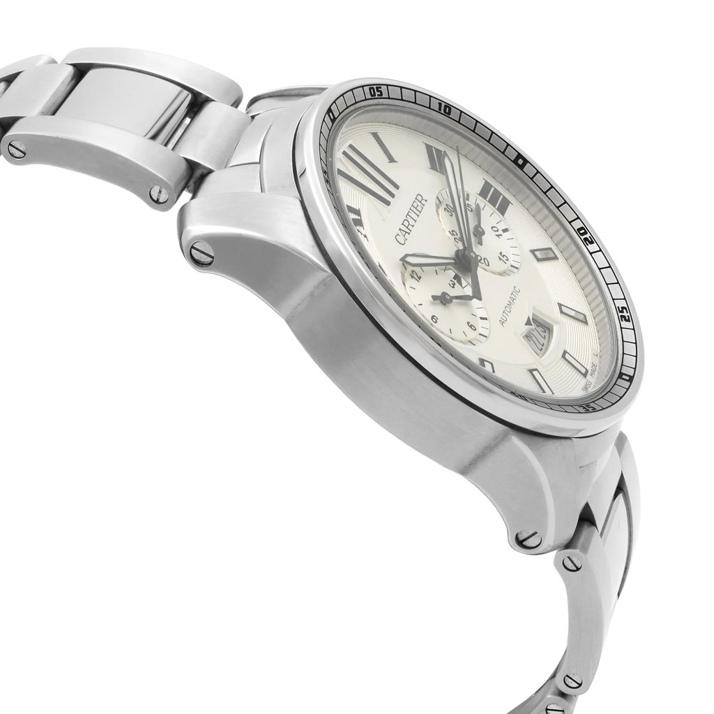 An image of a pre-owned Cartier wristwatch for men, showcasing a luxury style with a silver dial. The watch is captured from a side profile view opposite of the crown, highlighting its round stainless steel case and band. The watch appears at a close distance, providing a clear view of its condition and elegant design details.