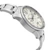 An image of a pre-owned Cartier wristwatch for men, showcasing a luxury style with a silver dial. The watch is captured from a side profile view opposite of the crown, highlighting its round stainless steel case and band. The watch appears at a close distance, providing a clear view of its condition and elegant design details.