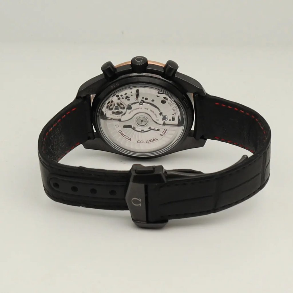Back View Of Exhibition Back Case And Closed Leather Band Of OMEGA 311.63.44.51.06.001 Watch Pre Owned Condition