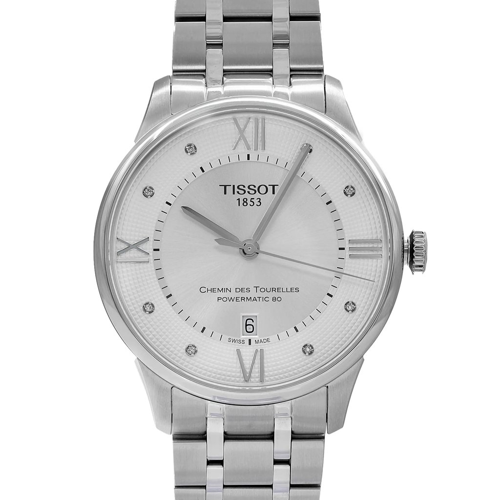 Up Close Front Facing Picture Of Tissot T099.407.11.033.00 Stainless Steel Watch Display Model Condition