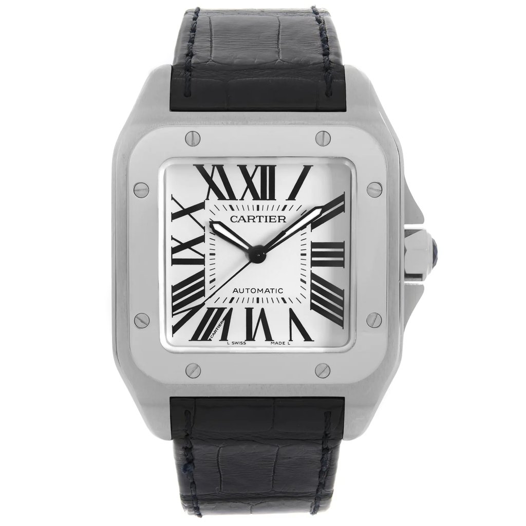 An image of a pre-owned Cartier men's wristwatch presented in a full frontal view. The watch features a classic and formal style with a square stainless steel case and a white dial that is adorned with black Roman numeral indices and luminous hands. The bezel is steel and the band is made of black leather. The watch has a 12-hour dial and is positioned head-on with, filling the frame to show a clear view of its design and condition.