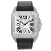 An image of a pre-owned Cartier men's wristwatch presented in a full frontal view. The watch features a classic and formal style with a square stainless steel case and a white dial that is adorned with black Roman numeral indices and luminous hands. The bezel is steel and the band is made of black leather. The watch has a 12-hour dial and is positioned head-on with, filling the frame to show a clear view of its design and condition.
