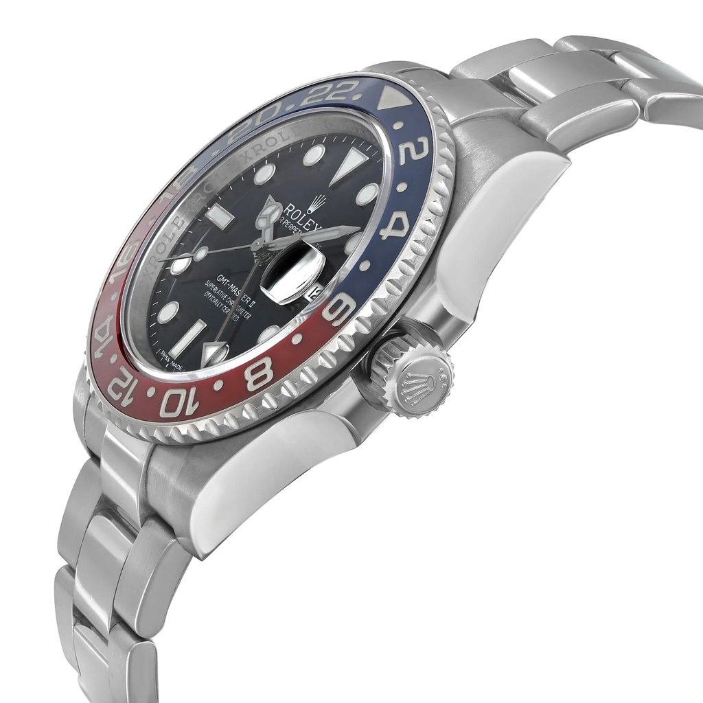 An image of a pre-owned Rolex men's luxury wristwatch in a side profile view with the crown visible. The watch is positioned at a slight angle, focusing on the right side, showcasing the round white gold case and band. It features a black dial with luminous hands, a date indicator, and a blue and red bezel. The watch is displayed in medium-close distance and may exhibit light scratches with use.