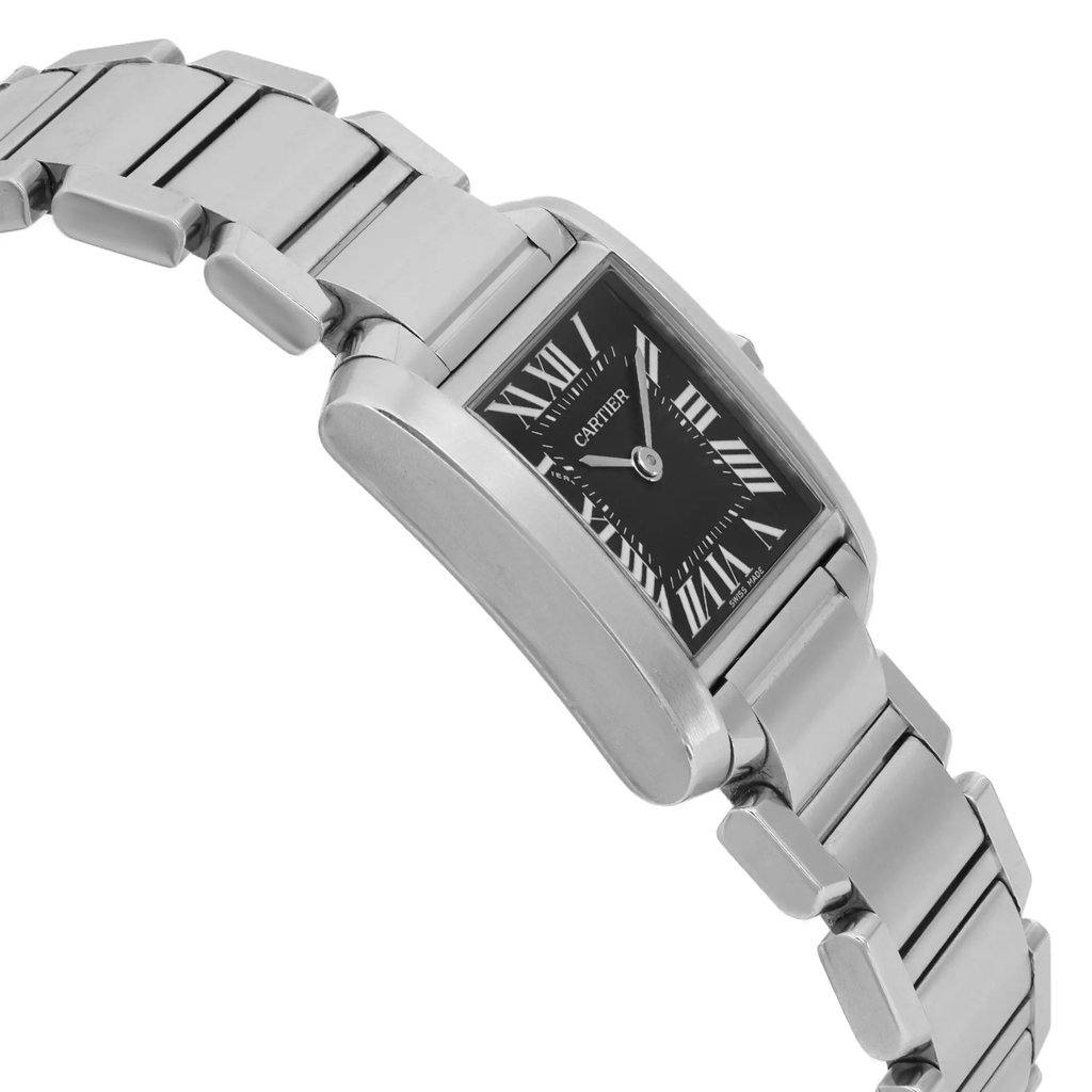 An image of a pre-owned wristwatch shown from a side profile view, opposite the crown. The watch features a rectangular black dial with Roman numerals, and is attached to a sleek metal link bracelet. The angle highlights the smooth curve of the case and the polished links, captured from a slightly elevated position at a moderate distance.