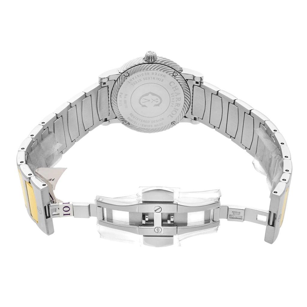 Back View Of Screwback Back Case And Open Stainless Steel Band Of Charriol P33SY2D.921.001 Watch Pre Owned Condition