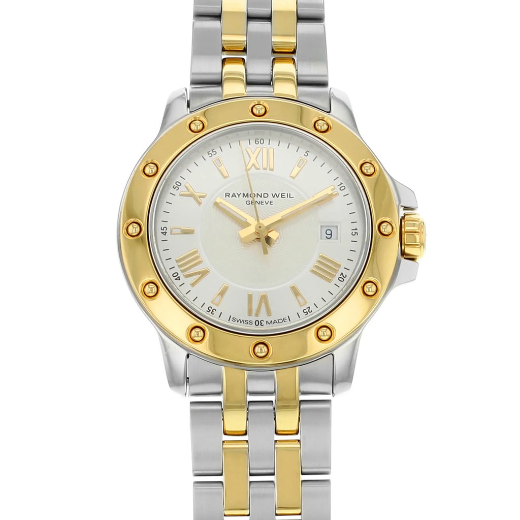 Up Close Front Facing Picture Of RAYMOND WEIL 5399-STP-00657 Stainless Steel Watch Pre Owned Condition