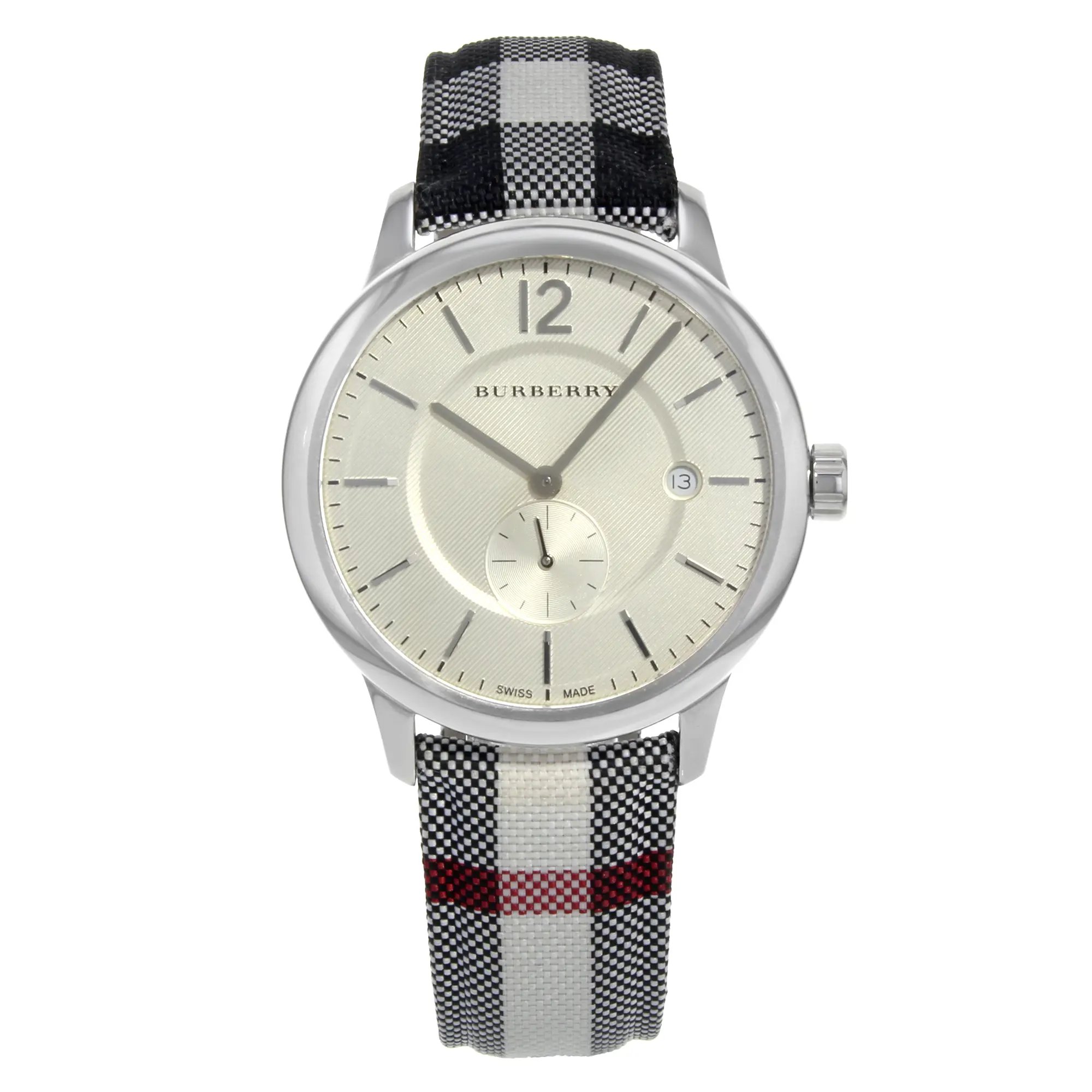 An image of a Wristwatch by Burberry. This Pre Owned item is designed for Unisex, featuring a Casual style. It has a Quartz movement and an Analog display with a Silver dial color. The indices include 12-Hour Dial,Stick Indexes. The band is made of Leather and the case is made of Stainless Steel. The watch has a Round shape with a case size of 40 mm and a case thickness of 8 mm.