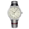 An image of a Wristwatch by Burberry. This Pre Owned item is designed for Unisex, featuring a Casual style. It has a Quartz movement and an Analog display with a Silver dial color. The indices include 12-Hour Dial,Stick Indexes. The band is made of Leather and the case is made of Stainless Steel. The watch has a Round shape with a case size of 40 mm and a case thickness of 8 mm.