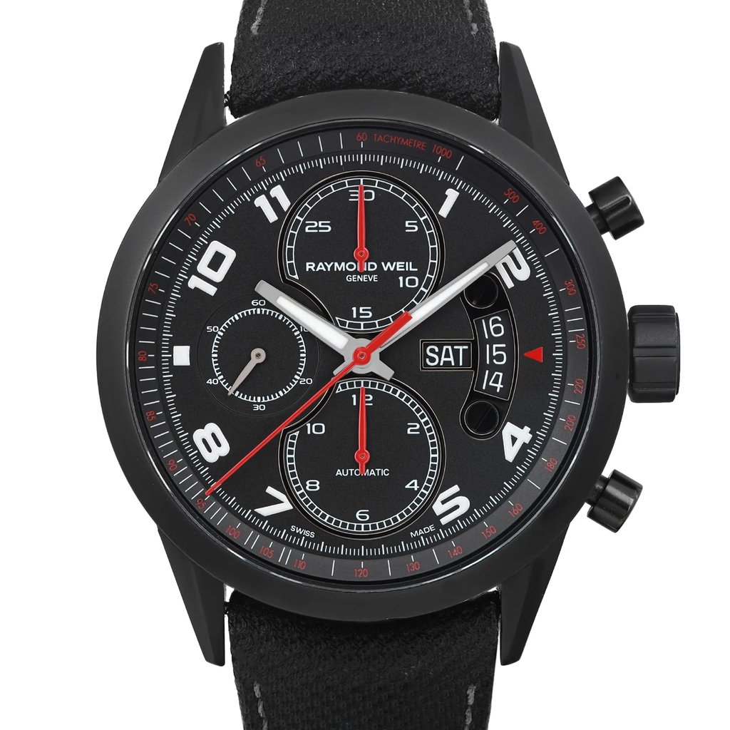 Up Close Front Facing Picture Of RAYMOND WEIL 7730-BK-05207 Stainless Steel Watch Pre Owned Condition
