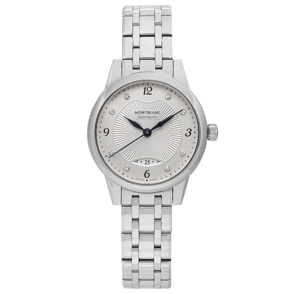 An image of a pre-owned Montblanc women's wristwatch in excellent condition. The watch is presented in a front full frontal view, with the camera angle directly centered on the watch face, offering a clear and unobstructed view of the entire watch at a close distance. It features a round stainless steel case and band, a silver guilloche dial, gray bezel, and a 12-hour dial with Arabic numerals and diamond markers. The date indicator is visible at the 6 o'clock position. The style is dress/formal, and the watch has a prominently displayed Montblanc brand name above the center of the dial.