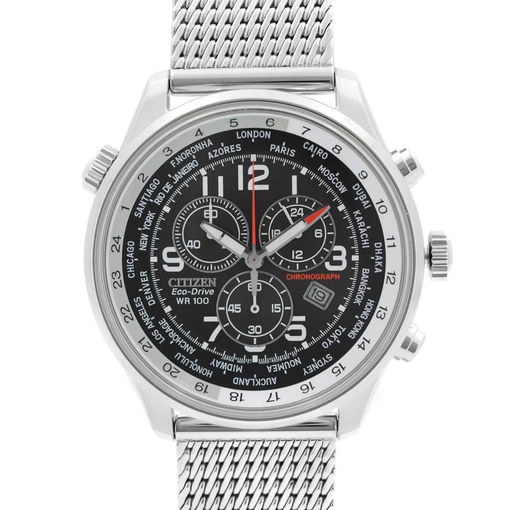Up Close Front Facing Picture Of Citizen AT0361-81E Stainless Steel Watch Display Model Condition