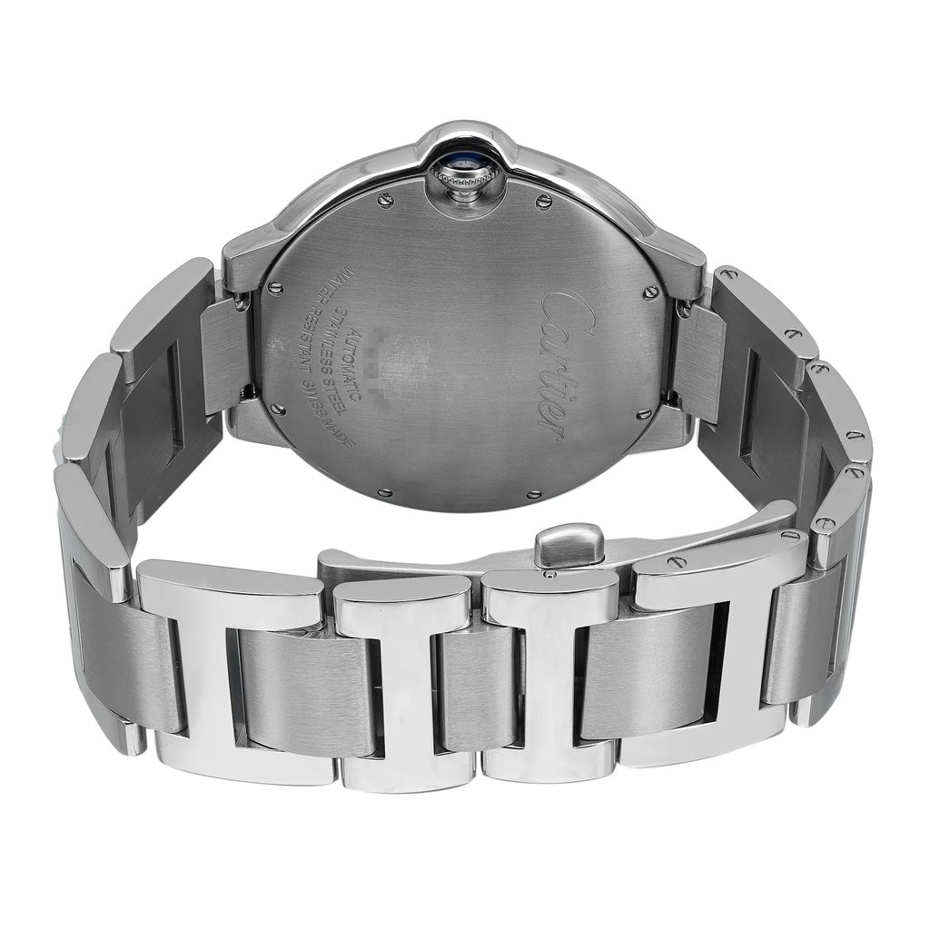 An image of a pre-owned wristwatch showcasing the back view of the watch face and the closed clasp. The watch features a stainless steel design with a visible brand engraving on the back. The image is taken from a close-up angle, highlighting the smooth metallic finish and the intricate details of the clasp and bracelet links.