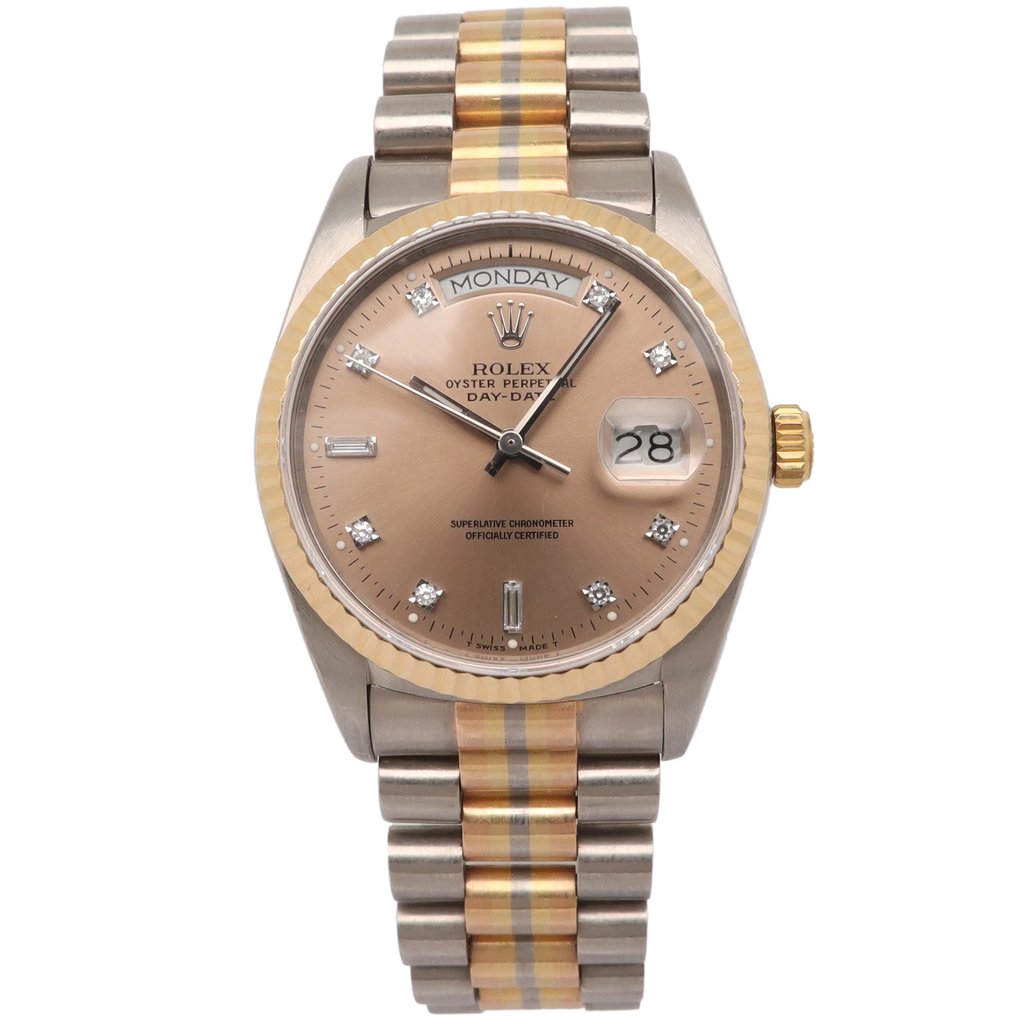 Front Full View Of Rolex 18239B White Gold Watch Pre Owned Condition {Product Condition}