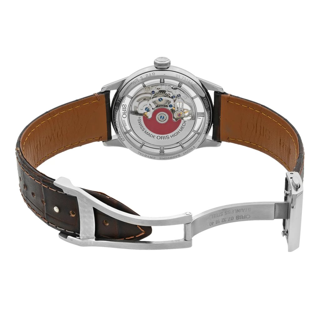 Back View Of {Caseback} Back Case And Open Leather Band Of Oris 01 734 7684 4051-07 1 21 73FC Watch Display Model Condition