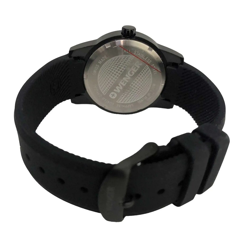 Back View Of Screwback Back Case And Closed Silicone Band Of Wenger 01.0441.150 Watch Display Model Condition