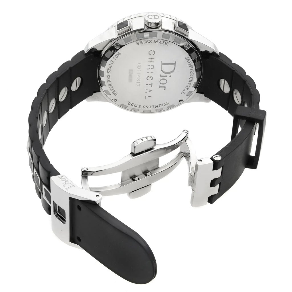 Back View Of Solid Back Case And Open Rubber Band Of Dior CD114317 Watch Pre Owned Condition