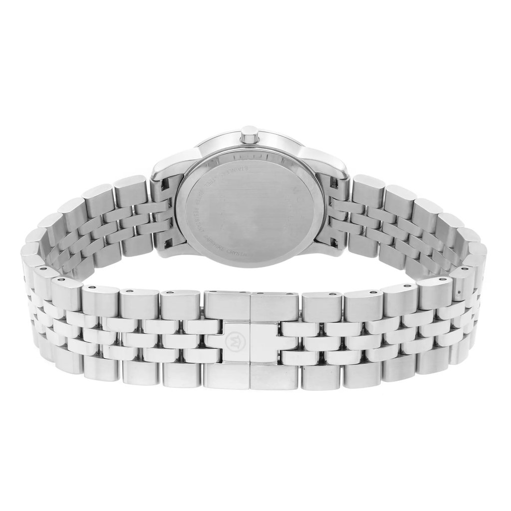 An image of a wristwatch taken from the back view, showcasing the closed clasp. The watch features a metallic bracelet with interlocking links and a round case. The angle is straight on, highlighting the design and clasp details. The image is taken at a close distance, emphasizing the craftsmanship of the display model.