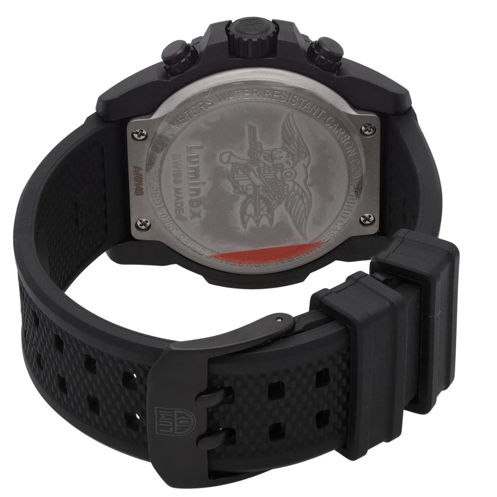 Back View Of Screwback Back Case And Closed Rubber Band Of Luminox XS.3581.BO Watch Pre Owned Condition
