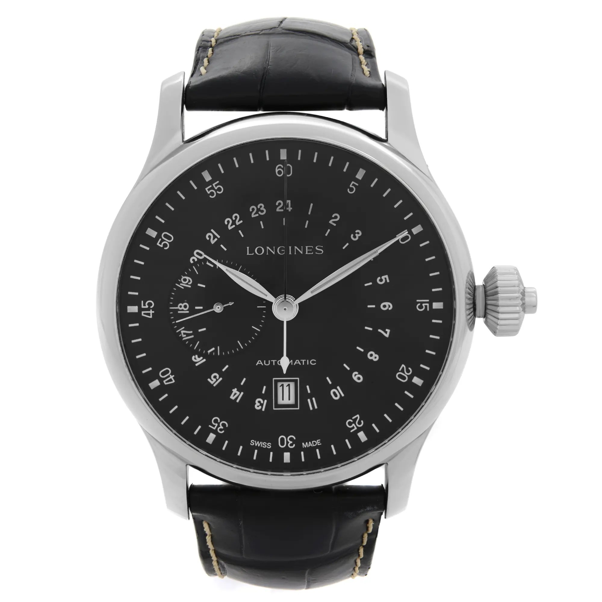 An image of a wristwatch in a front full frontal view, positioned at eye level. The watch features a black dial with white markings and a prominent crown on the right side. The watch is equipped with a black leather strap, stitched with cream thread. The image is taken from a close distance, highlighting the details of the watch face and strap.