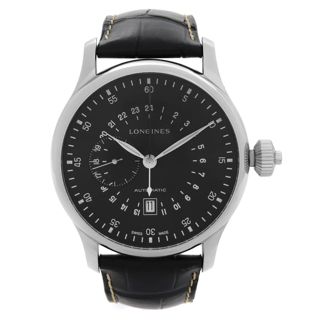 An image of a wristwatch in a front full frontal view, positioned at eye level. The watch features a black dial with white markings and a prominent crown on the right side. The watch is equipped with a black leather strap, stitched with cream thread. The image is taken from a close distance, highlighting the details of the watch face and strap.