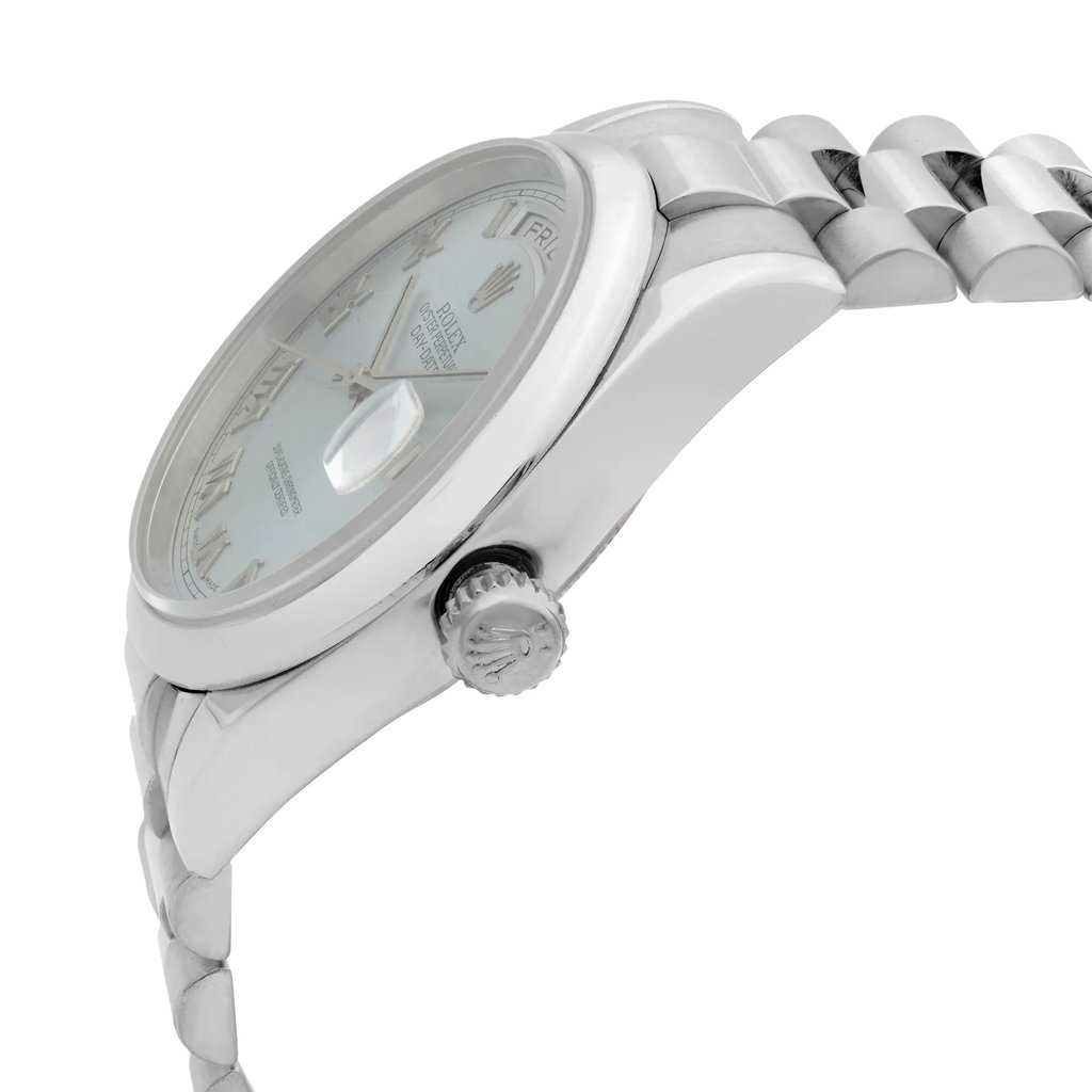 View Of Crown Facing Side Of Rolex 118209 White Gold Watch Pre Owned Condition