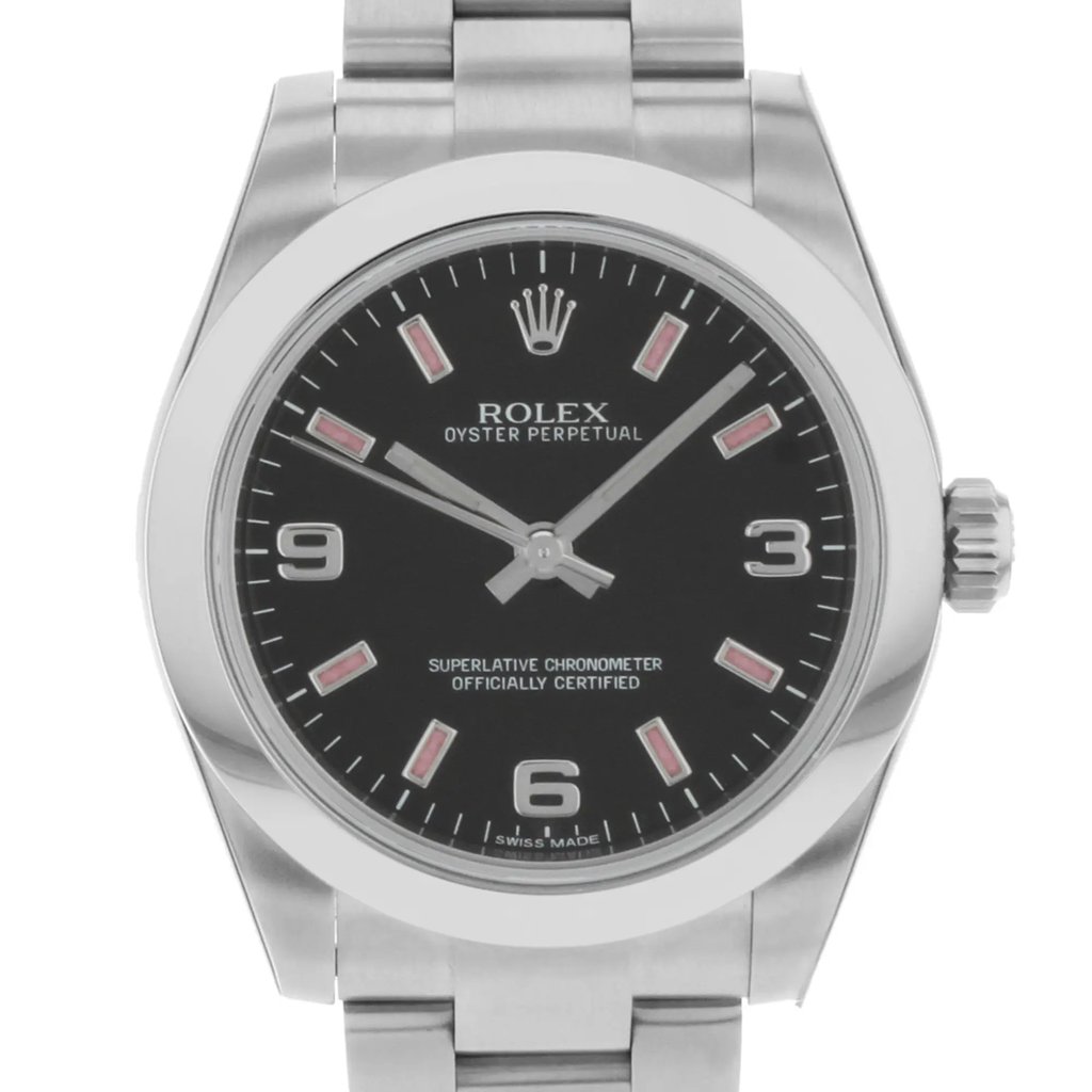 Up Close Front Facing Picture Of Rolex 177200 Stainless Steel Watch Display Model Condition