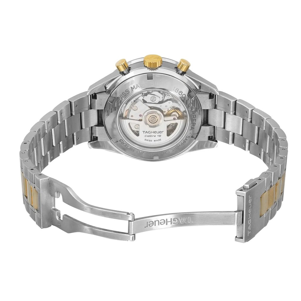 Back View Of Exhibition Back Case And Open Stainless Steel,Gold Band Of TAG Heuer CV2050.BD0789 Watch Pre Owned Condition
