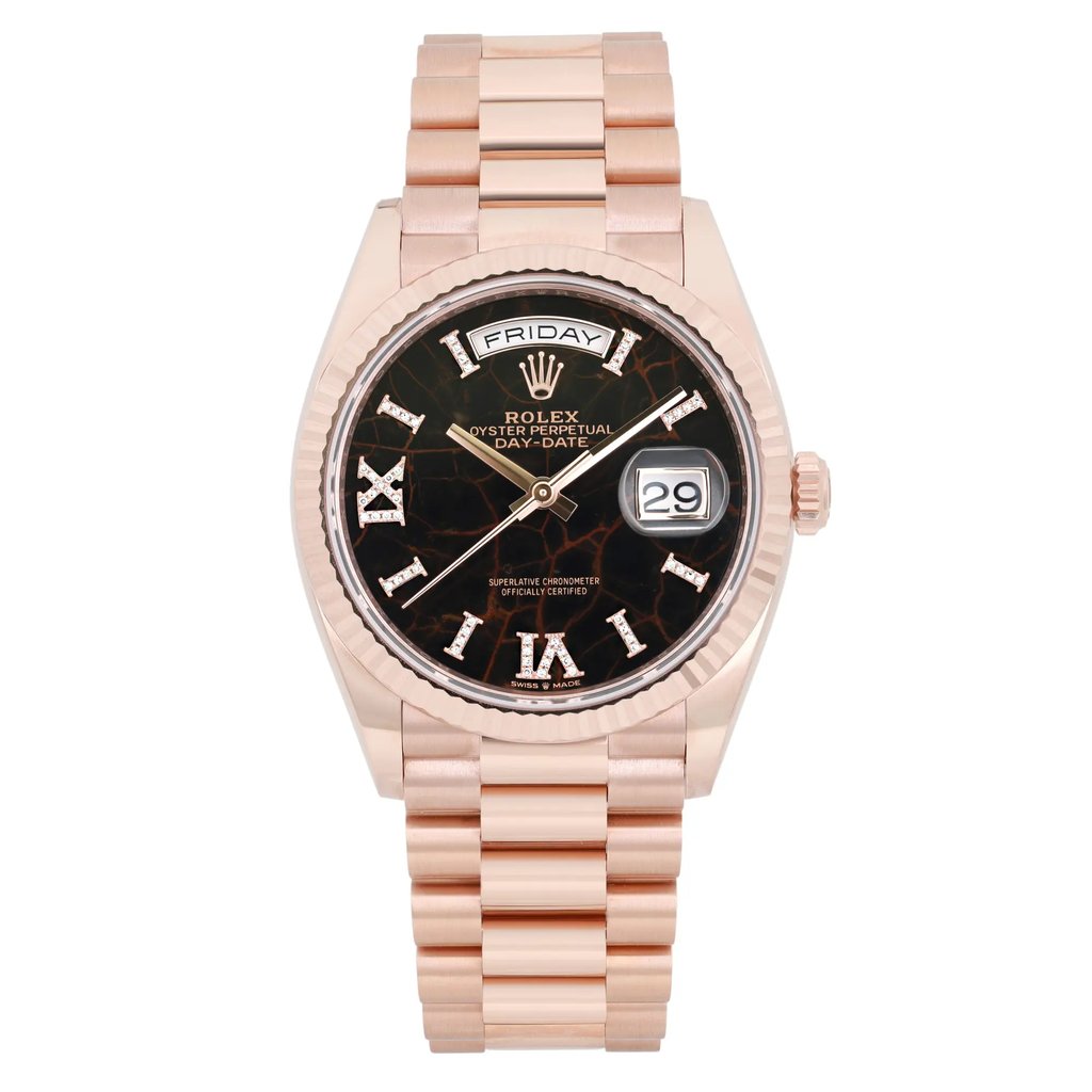Front Full View Of Rolex 128235-0041 Rose Gold Plated Watch New Condition {Product Condition}