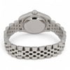 An image of a pre-owned Rolex women's wristwatch viewed from the back. The watch is positioned horizontally with the watch face angled away, showcasing the stainless steel case and bracelet. The angle highlights the smooth, round back of the watch and the detailed links of the bracelet. The image is taken at a close distance, emphasizing the craftsmanship and condition of the watch.