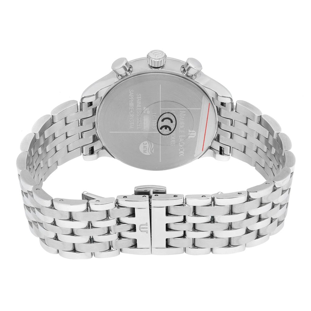 Back View Of Solid Back Case And Closed Stainless Steel Band Of Maurice Lacroix LC1148-SS002-331 Watch Unworn Condition