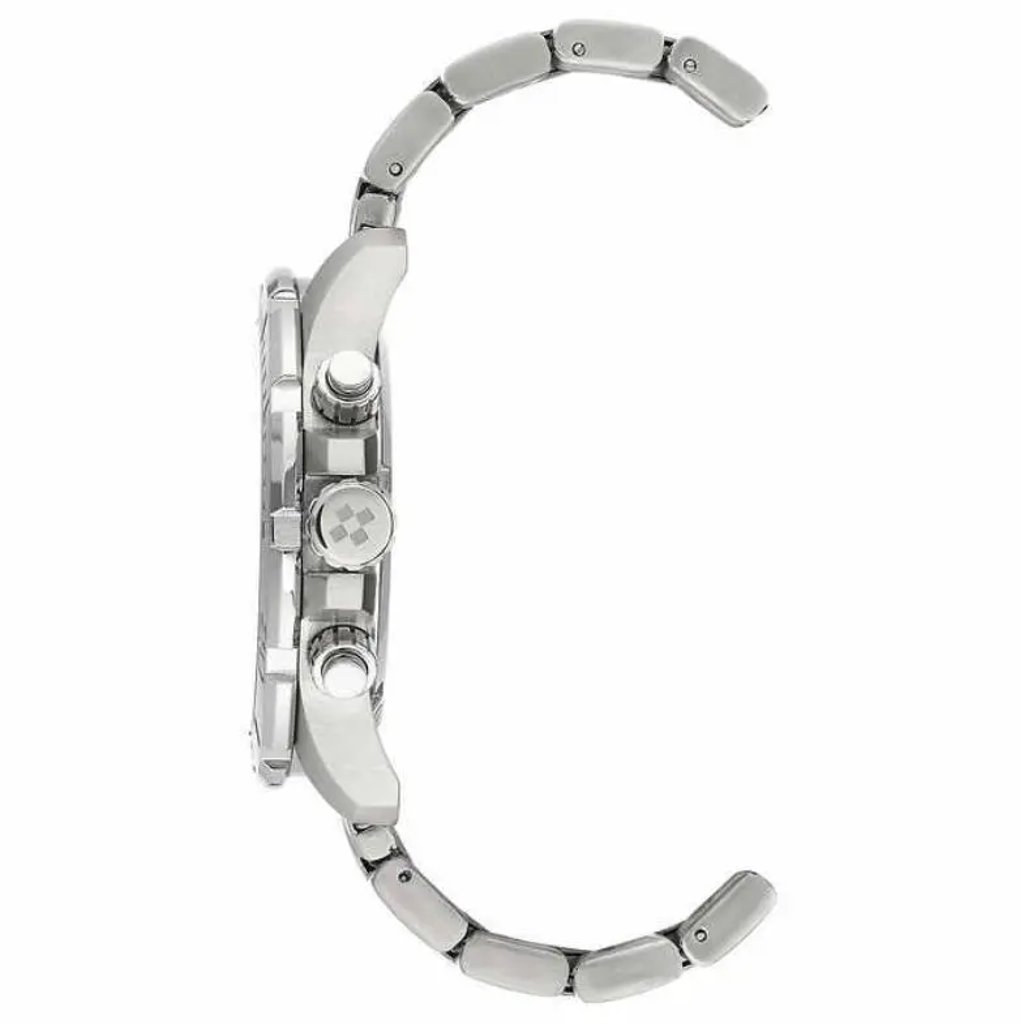 An image of a Wristwatch by Vince Camuto. This Display Model item is designed for Men, featuring a Casual,Sport style. It has a Quartz movement and an Analog display with a Silver dial color. The indices include 12-Hour Dial,Non-Numeric Hour Marks,Stick Indexes. The band is made of Stainless Steel and the case is made of Stainless Steel. The watch has a Round shape with a case size of 48 mm and a case thickness of 12 mm.