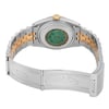 An image of a pre-owned men's Rolex wristwatch, viewed from the back at a close distance. The watch is positioned with the clasp open, showcasing its two-tone metal bracelet featuring both stainless steel and gold links. The case back is prominently displayed, along with the crown positioned at the top, indicating the watch's orientation. The angle highlights the intricate details of the bracelet and the engraved Rolex logo on the clasp.