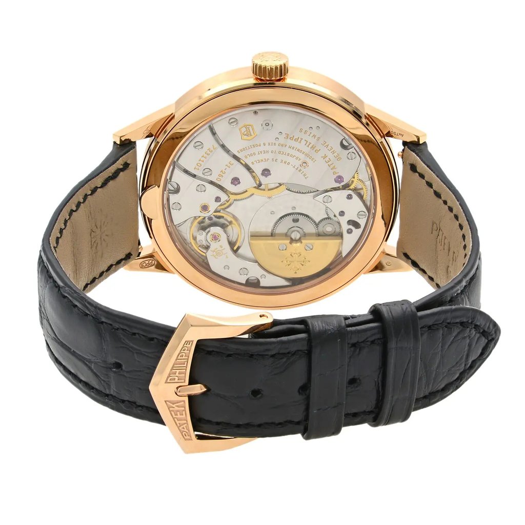 Back View Of {Caseback} Back Case And Closed Leather Band Of Patek Philippe 5235/50R-001 Watch Unworn Condition