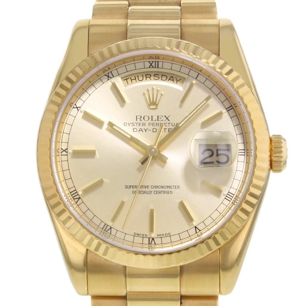 Up Close Front Facing Picture Of Rolex 118238 Gold 18kt Watch Pre Owned Condition