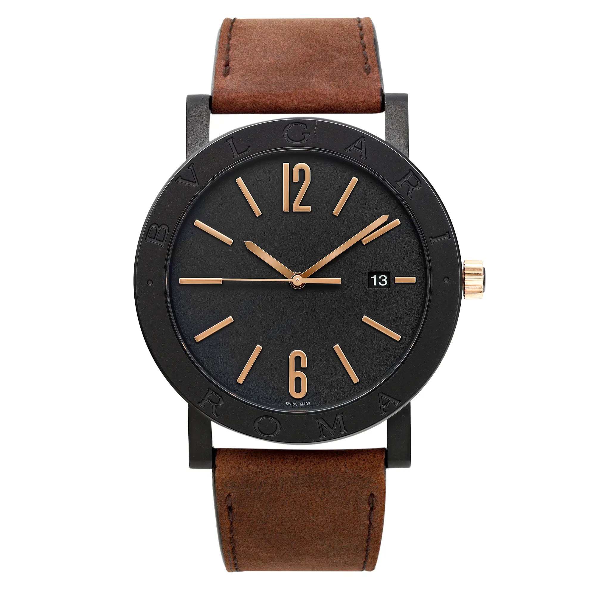 An image of a new Bvlgari men's luxury wristwatch, presented in a full frontal view. The round stainless steel case has a black dial and bezel, with rose gold-tone Arabic numerals at 6 and 12 o'clock, stick indexes for other hours, and a small date window at 3 o'clock. It features a brown leather band and is shot from a direct angle at close distance, showcasing the watch's design clearly.