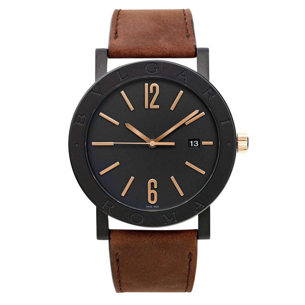 An image of a new Bvlgari men's luxury wristwatch, presented in a full frontal view. The round stainless steel case has a black dial and bezel, with rose gold-tone Arabic numerals at 6 and 12 o'clock, stick indexes for other hours, and a small date window at 3 o'clock. It features a brown leather band and is shot from a direct angle at close distance, showcasing the watch's design clearly.