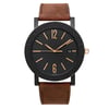 An image of a new Bvlgari men's luxury wristwatch, presented in a full frontal view. The round stainless steel case has a black dial and bezel, with rose gold-tone Arabic numerals at 6 and 12 o'clock, stick indexes for other hours, and a small date window at 3 o'clock. It features a brown leather band and is shot from a direct angle at close distance, showcasing the watch's design clearly.