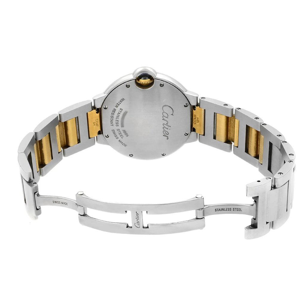 Back View Of Screwback Back Case And Open Stainless Steel,Gold Band Of Cartier W69008Z3 Watch Pre Owned Condition