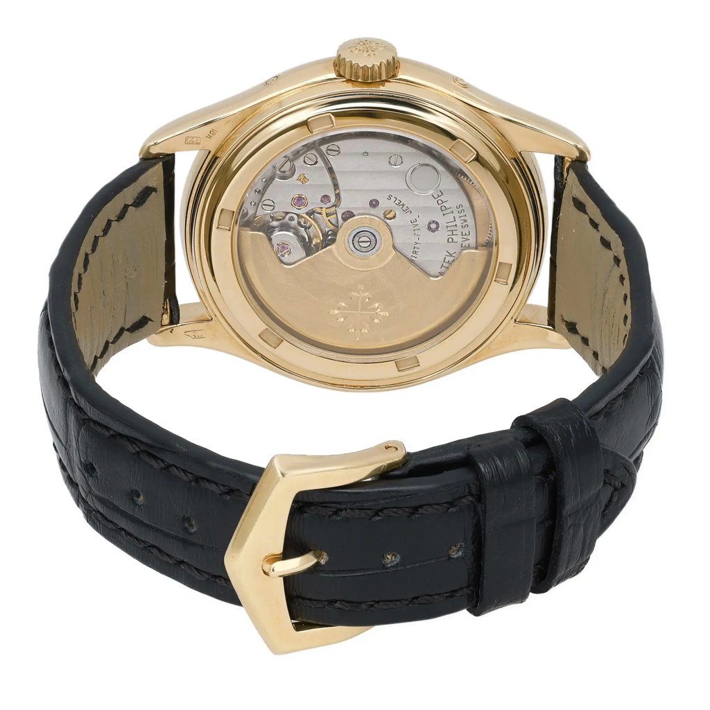 Back View Of Exhibition Back Case And Closed Leather Band Of Patek Philippe 5035J Watch Pre Owned Condition