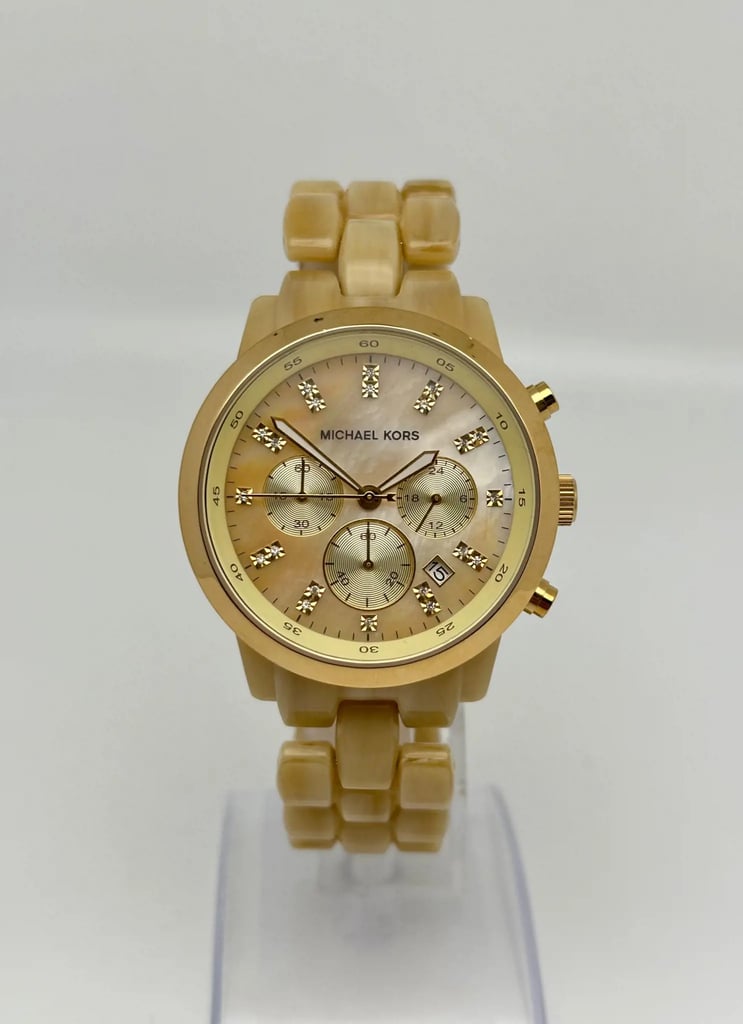 Front Full View Of Michael Kors MK5217 Stainless Steel,Platinum Watch New With Defects Condition Good