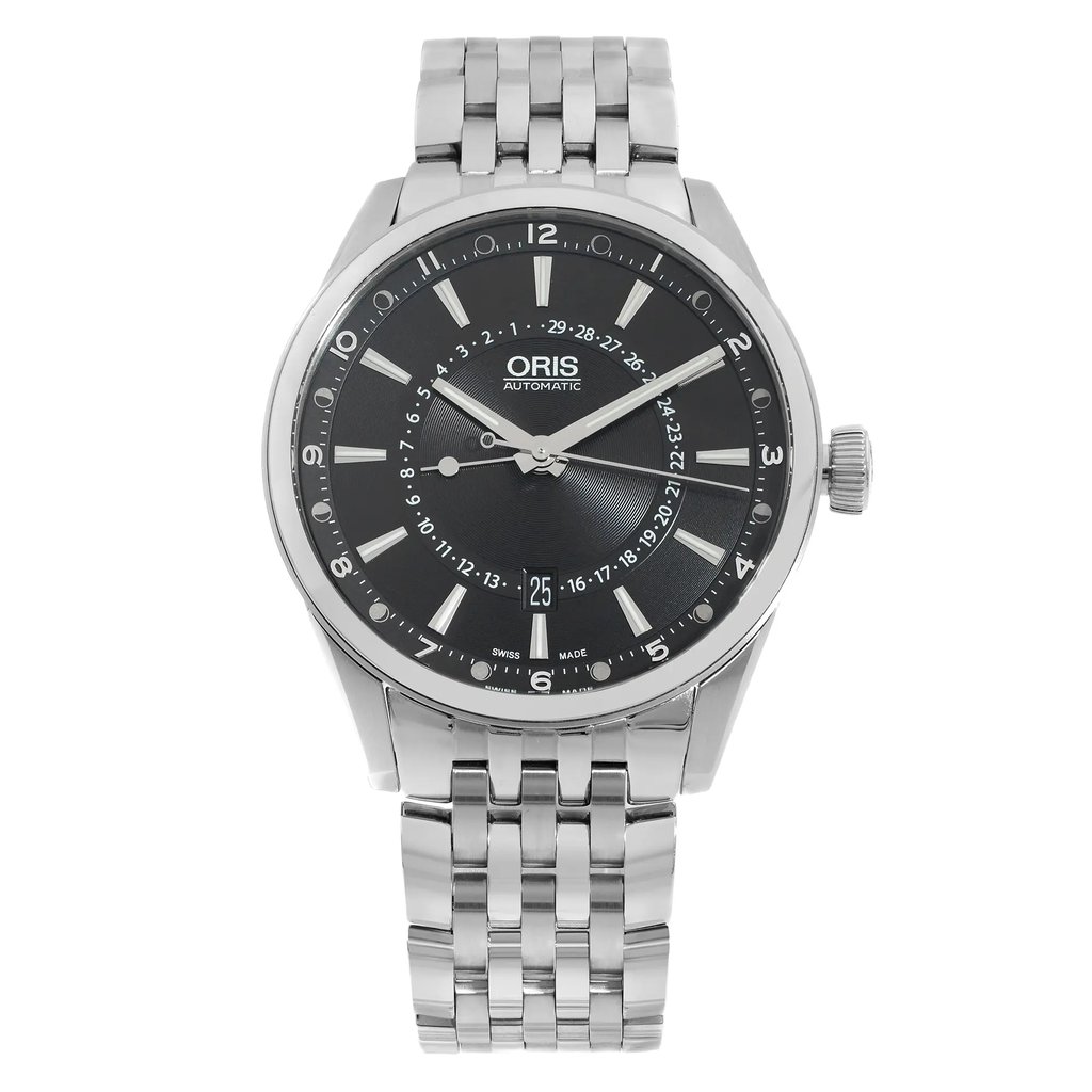 An image of a Wristwatch by Oris. This Display Model item is designed for Men, featuring a Dress/Formal style. It has a Mechanical (Automatic) movement and an Analog display with a Black dial color. The indices include 12-Hour Dial,Non-Numeric Hour Marks,Sticks & Numerals. The band is made of Stainless Steel and the case is made of Stainless Steel. The watch has a Round shape with a case size of 42 mm and a case thickness of 12 mm.