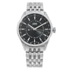 An image of a Wristwatch by Oris. This Display Model item is designed for Men, featuring a Dress/Formal style. It has a Mechanical (Automatic) movement and an Analog display with a Black dial color. The indices include 12-Hour Dial,Non-Numeric Hour Marks,Sticks & Numerals. The band is made of Stainless Steel and the case is made of Stainless Steel. The watch has a Round shape with a case size of 42 mm and a case thickness of 12 mm.