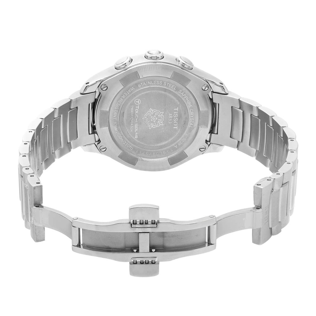 Back View Of Solid Back Case And Open Stainless Steel Band Of Tissot T075.220.11.101.00 Watch Pre Owned Condition