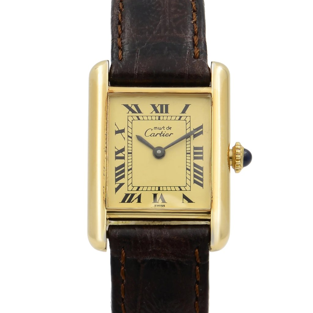 Up Close Front Facing Picture Of Cartier NA Silver Watch Pre Owned Condition